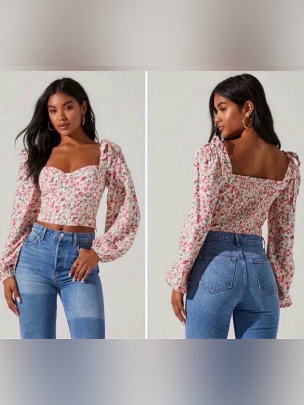 ASTR The Label Pink Floral Tie Shoulder Long Sleeve Crop Top Small Romantic NWT